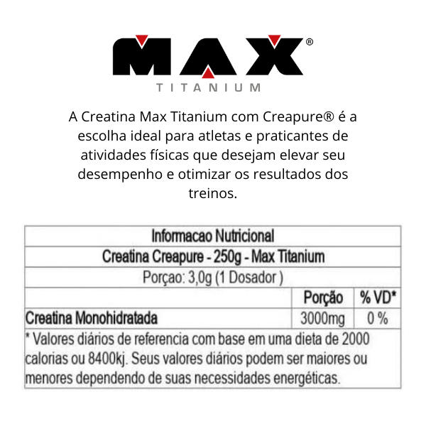 Creatina Monohidratada Creapure Em Pó 83 Doses Pote 250g Max Titanium