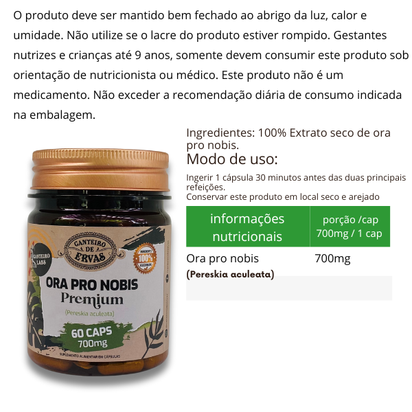 Ora-pro-nóbis Premium  – Canteiro de Ervas, 700 mg , 60 cáps