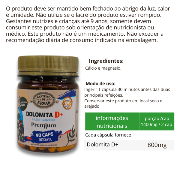 Dolomita D+ Cálcio + magnésio – Canteiro de Ervas, 800 mg por cápsula, 90 cápsulas