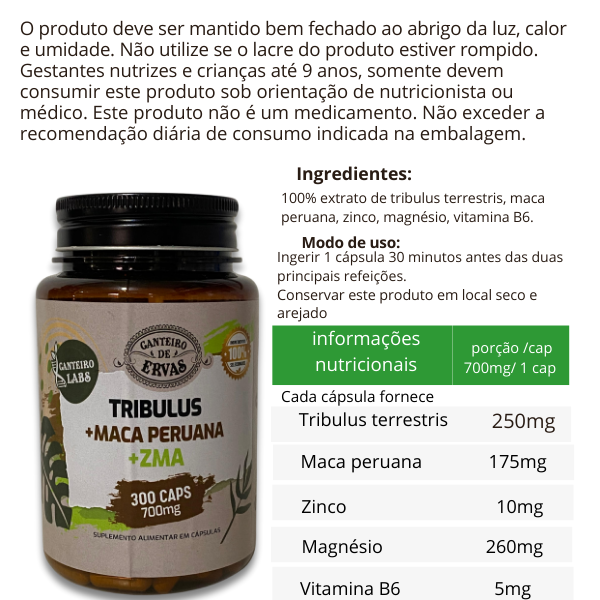 Tribulus Terrestris + Maca Peruana + ZMA - Canteiro de ervas - 300 caps